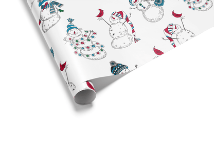 White Christmas wrapping paper with a dense, scattered pattern of hand-drawn snowmen accented with small touches of red and blue color.