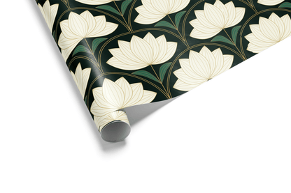 Dark green and black wrapping paper with a dense, repeating pattern of stylized cream/white Lotus Flowers and green leaves, ideal for luxury gift wrap and lotus flower wrapping paper