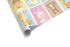  Block-pattern baby shower wrapping paper featuring six panels of cartoon babies dressed as a monkey, giraffe, elephant, and other safari animals in soft pastel colors.