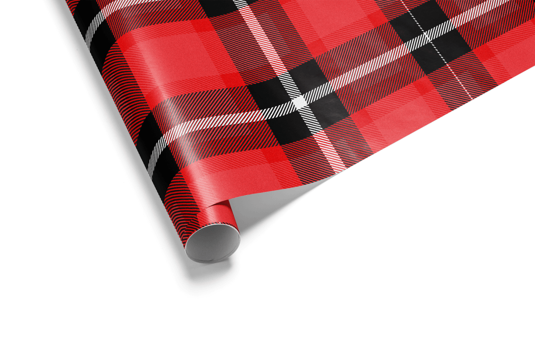 Large-scale tartan plaid wrapping paper featuring rich red, bold black, and thin white lines, ideal for red and black plaid wrapping paper and rustic Christmas wrapping paper.