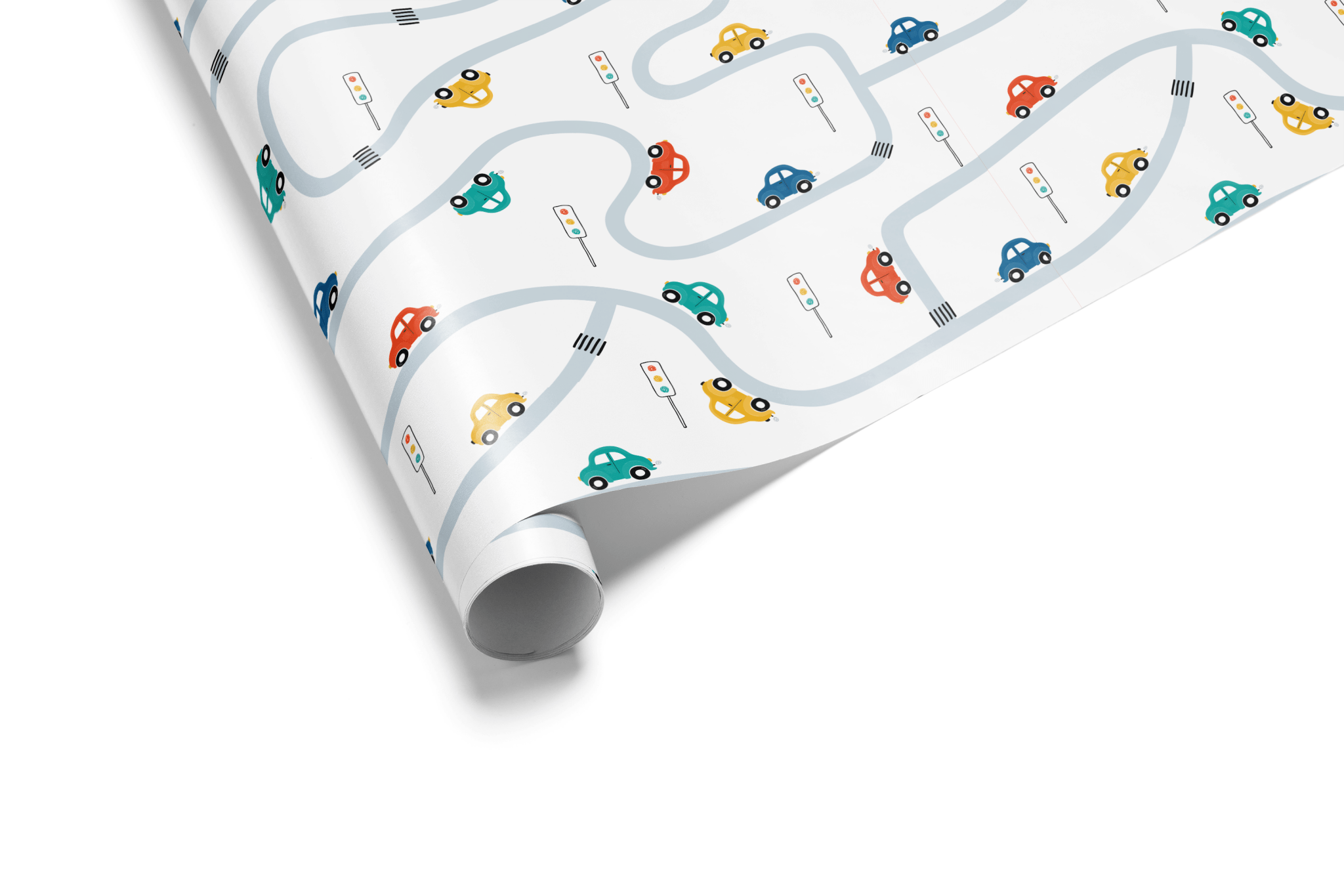 White wrapping paper with a scattered pattern of small, colorful cartoon cars (red, blue, yellow) driving on a winding gray road pattern, ideal for boy birthday wrapping paper.