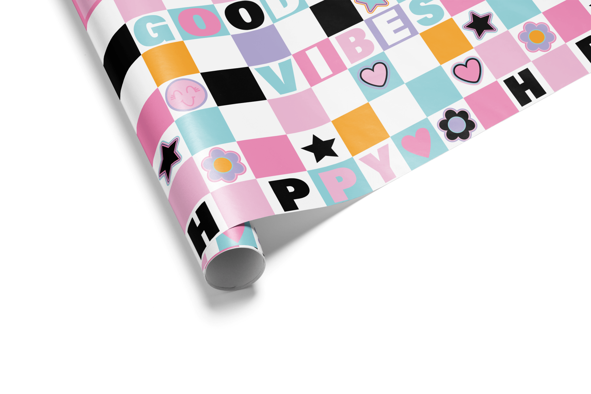 Large-scale checkerboard wrapping paper in pastel pink, purple, and blue, featuring the words &quot;GOOD VIBES&quot; and retro smiley faces, ideal for girly birthday wrapping paper.