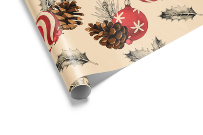 Cream-colored Christmas wrapping paper with a vintage pattern of red striped ornaments, brown pinecones, and holly berry wrapping paper.
