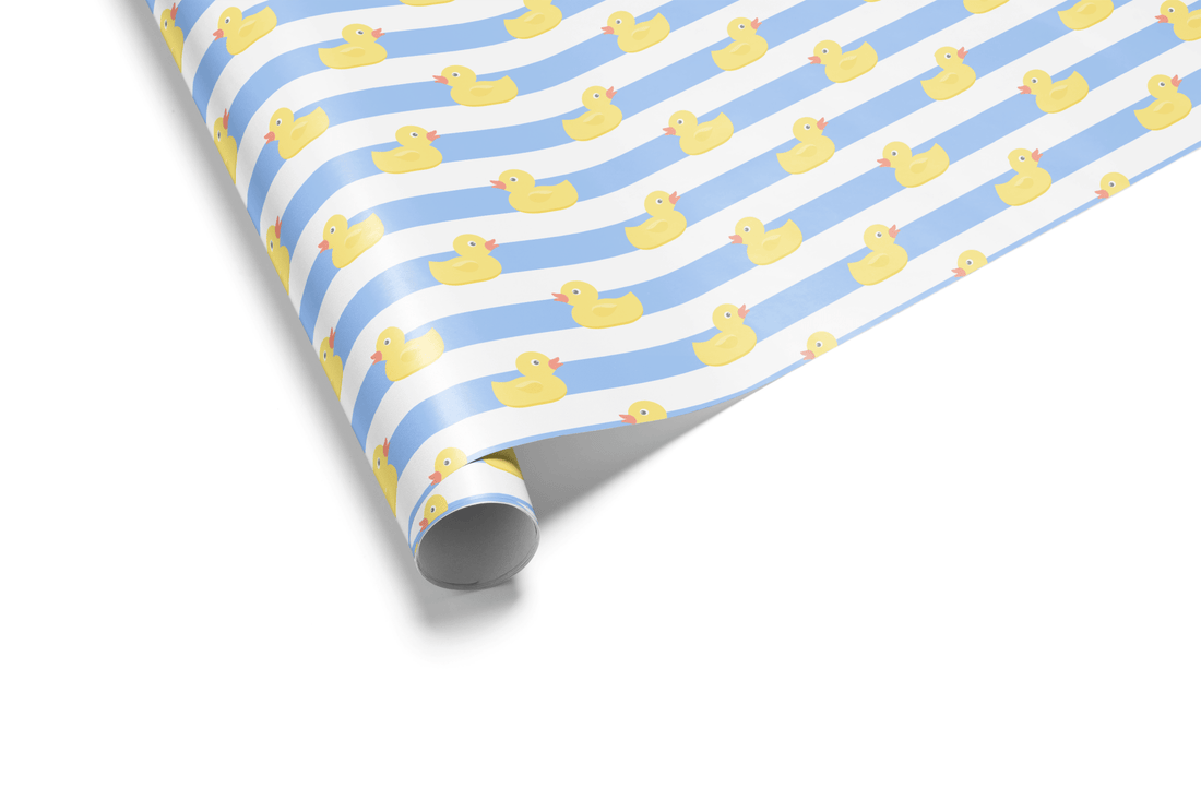 White and light blue striped wrapping paper with a uniform pattern of cheerful yellow rubber ducks centered on the stripes, ideal for baby shower and baby boy gifts.