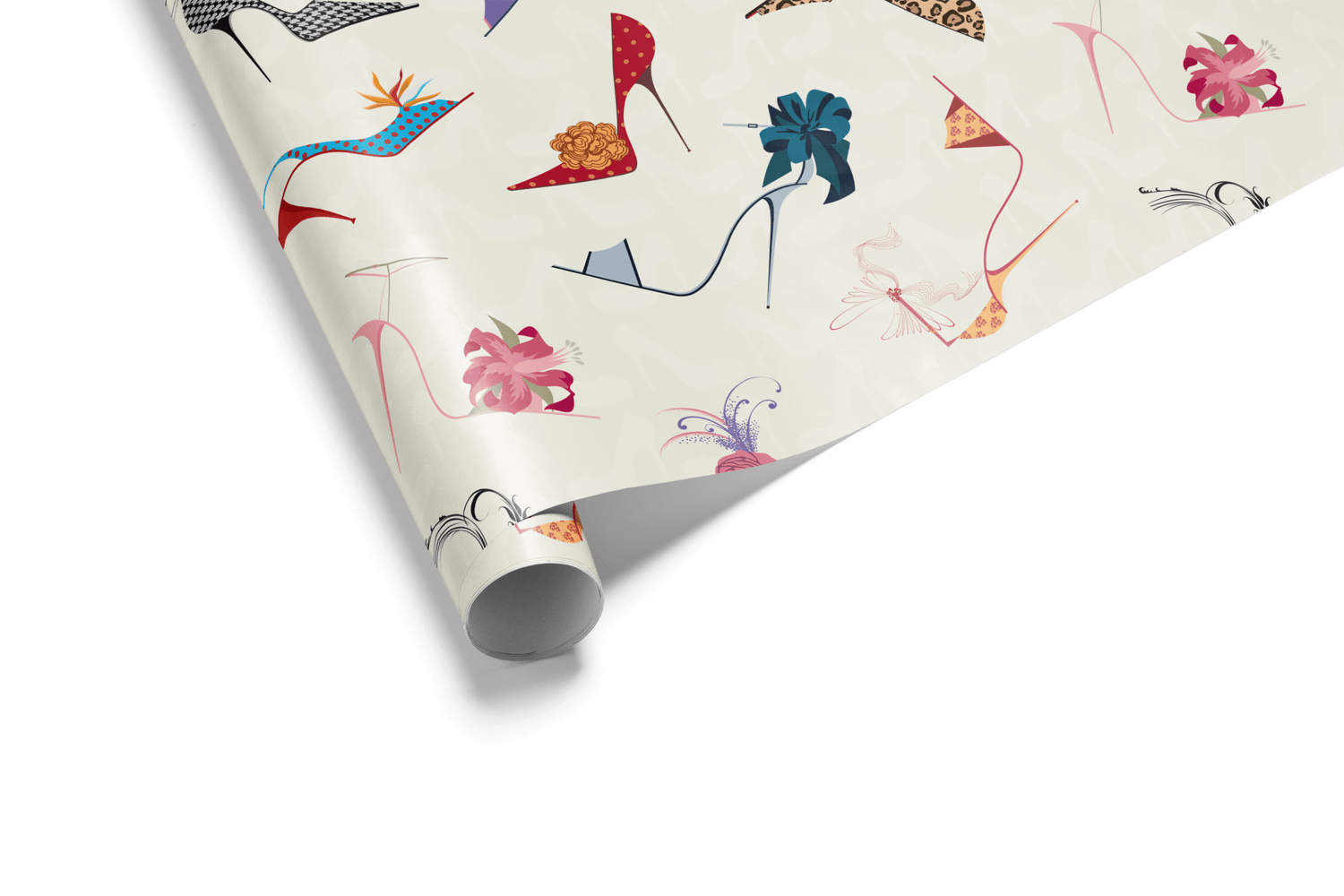 Cream wrapping paper with a scattered, sketch pattern of colorful high heels, legs, and leopard print shoes, ideal for designer wrapping paper and fashion gifts.