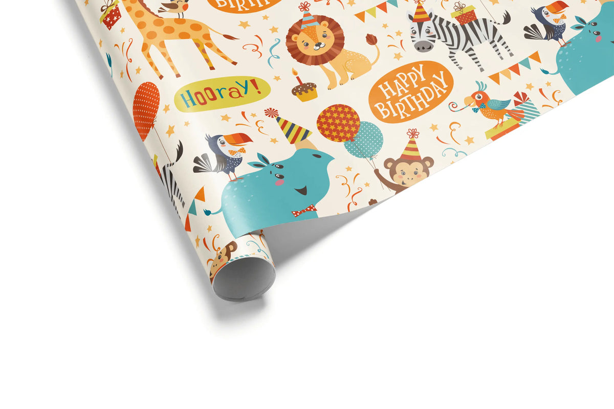 Haus of Wrap vibrant safari animals gift wrap, perfect for birthdays, weddings, or holidays; chic and playful wrapping paper.