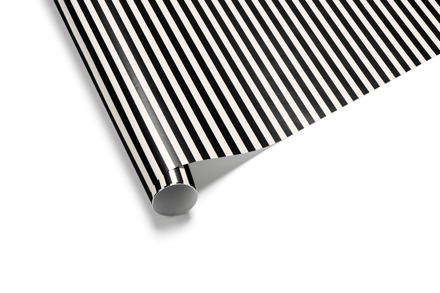 Vertical striped wrapping paper with narrow, alternating black and white lines, creating a classic pinstripe pattern, ideal for mens wrapping paper and modern wrapping paper.