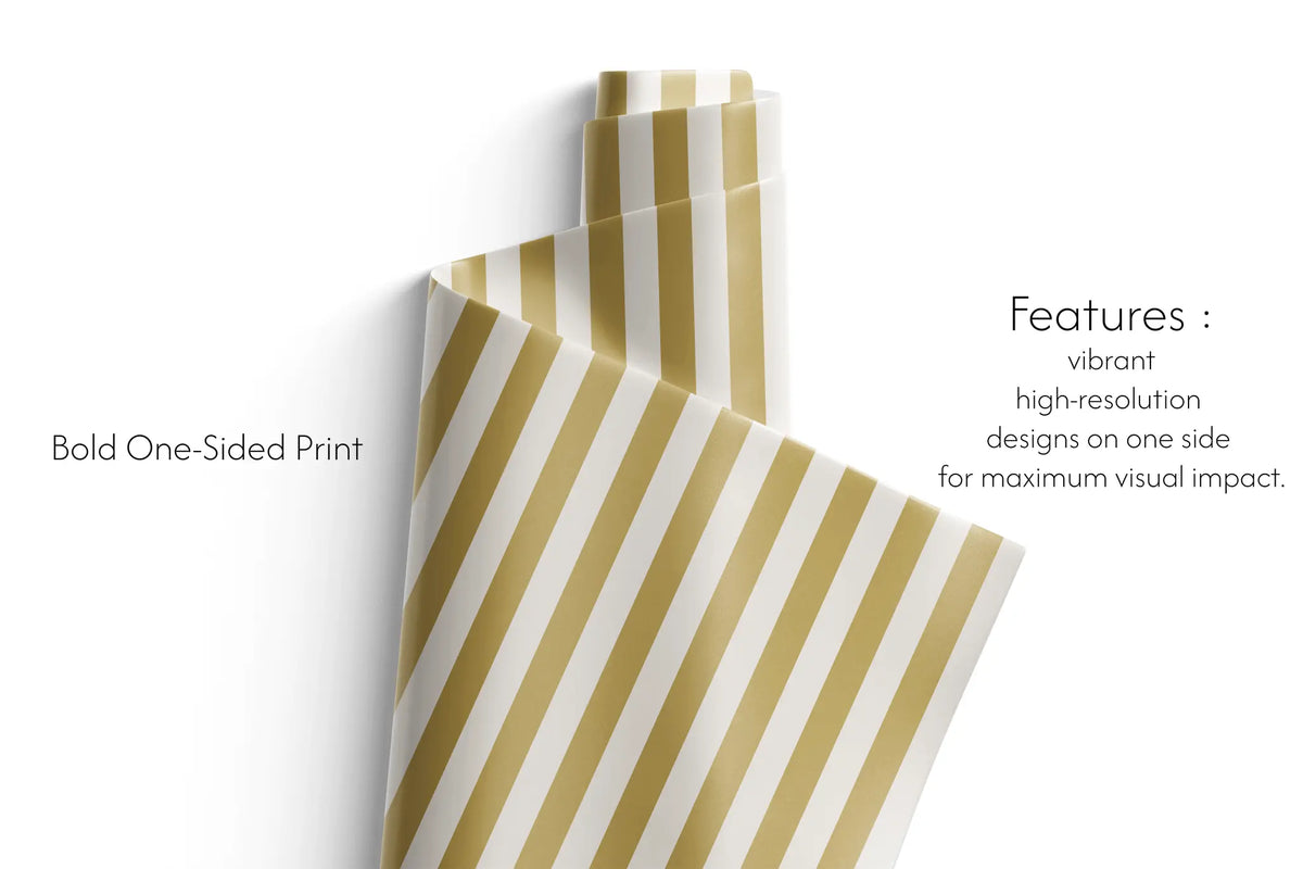Luxury Gold Wrapping Paper with bold gold and white vertical stripes, one-sided high-resolution print for elegant gift wrap