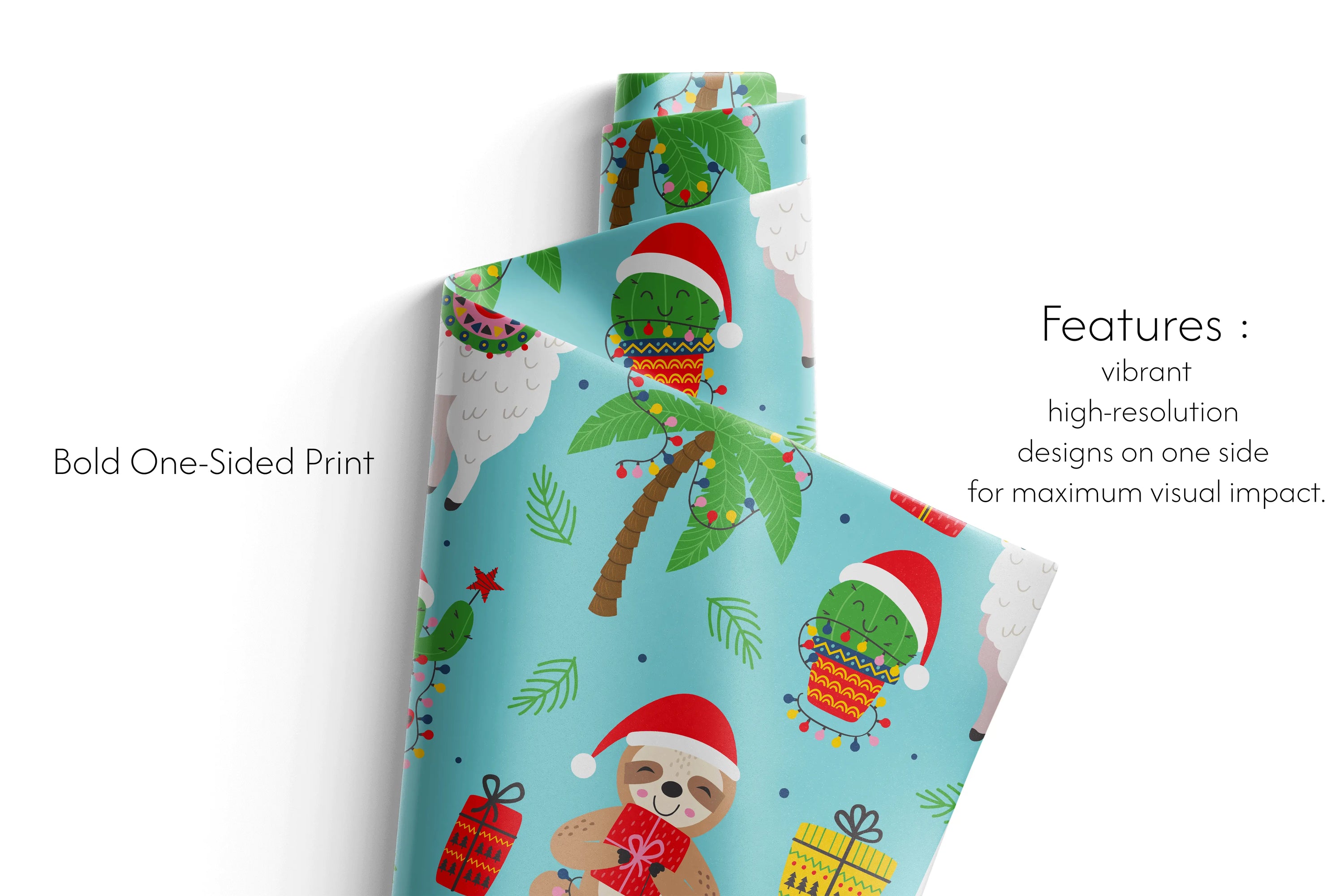 Haus of Wrap Deck the Palms: chic holiday gift wrap with sloths, llamas  gifts on blue—perfect for birthdays or festive occasions.