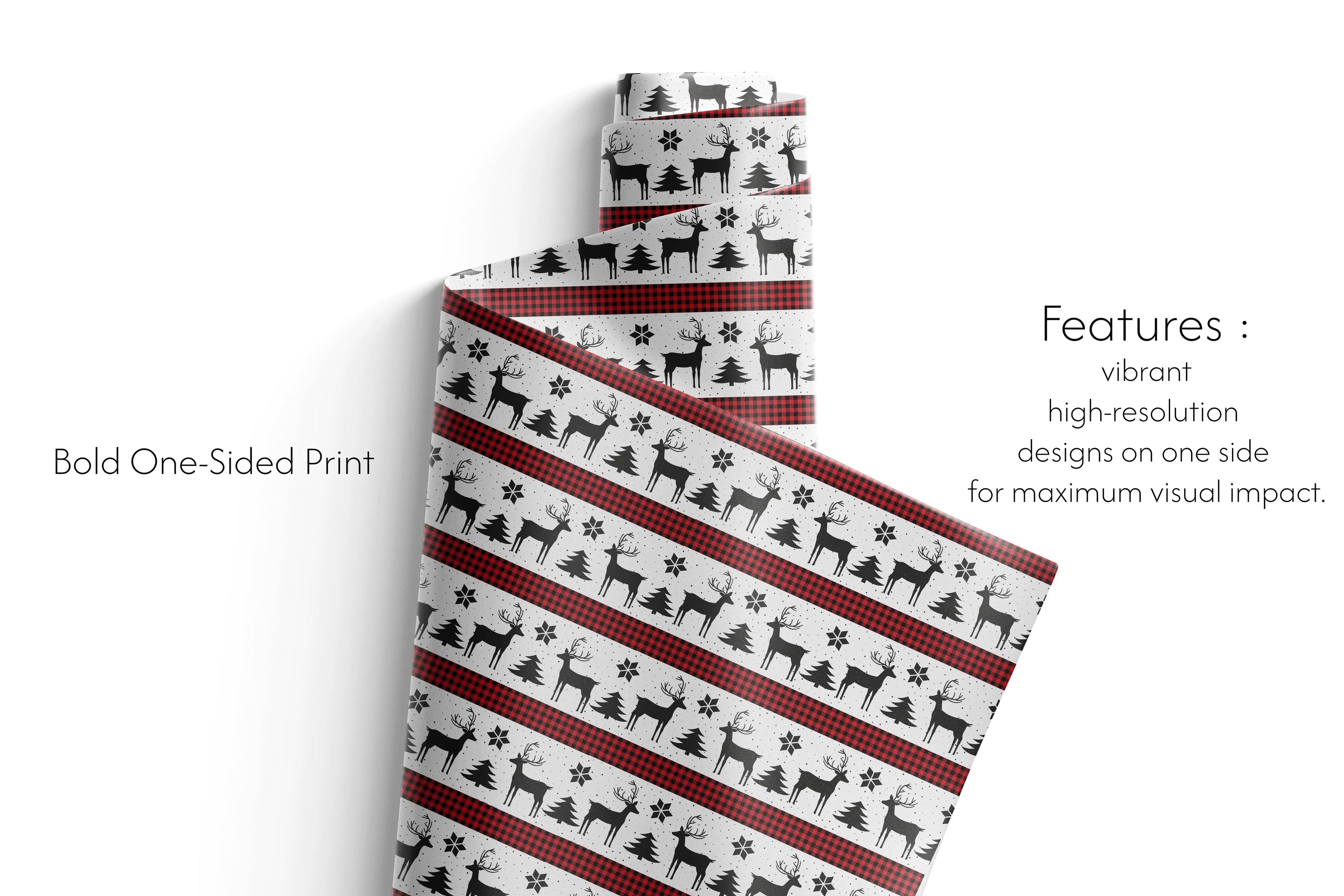 Alt Tag: Christmas Wrapping Paper flannel stripe red black buffalo plaid with white stripes, reindeer silhouettes, Christmas trees and snowflakes