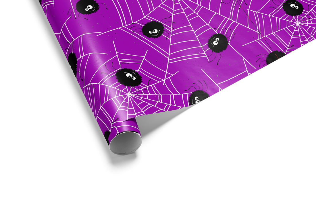 Vibrant purple Halloween wrapping paper with white spiderwebs and cute, fluffy black cartoon spiders.
