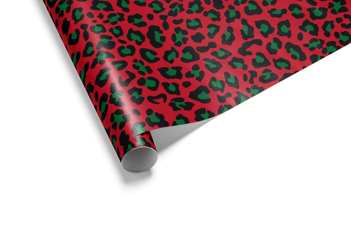 Scarlet Leopard Christmas Gift Wrap - red and green leopard print Christmas wrapping paper roll with black spots
