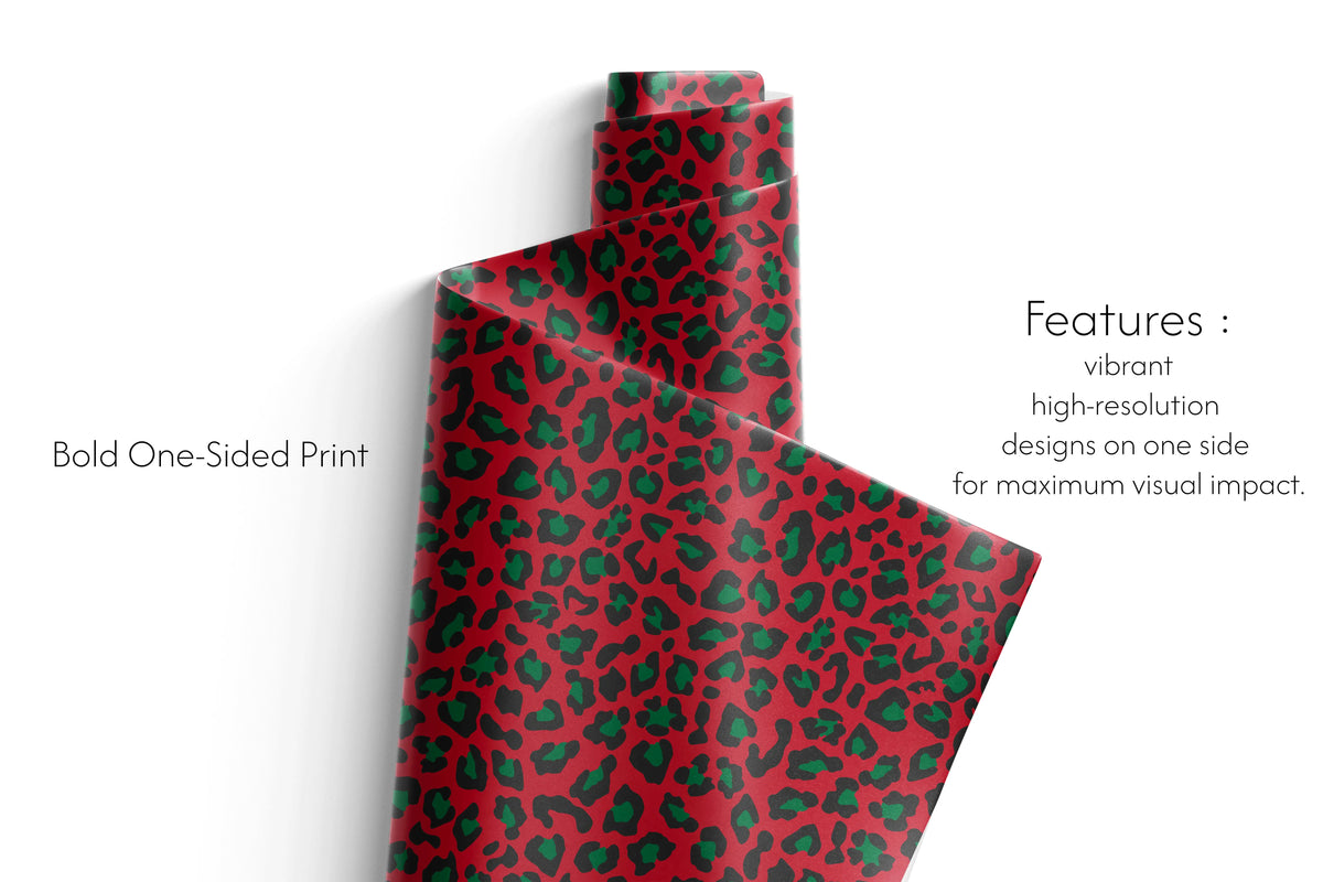 Scarlet Leopard Christmas Gift Wrap red and green leopard print wrapping paper roll with bold one-sided high-resolution print