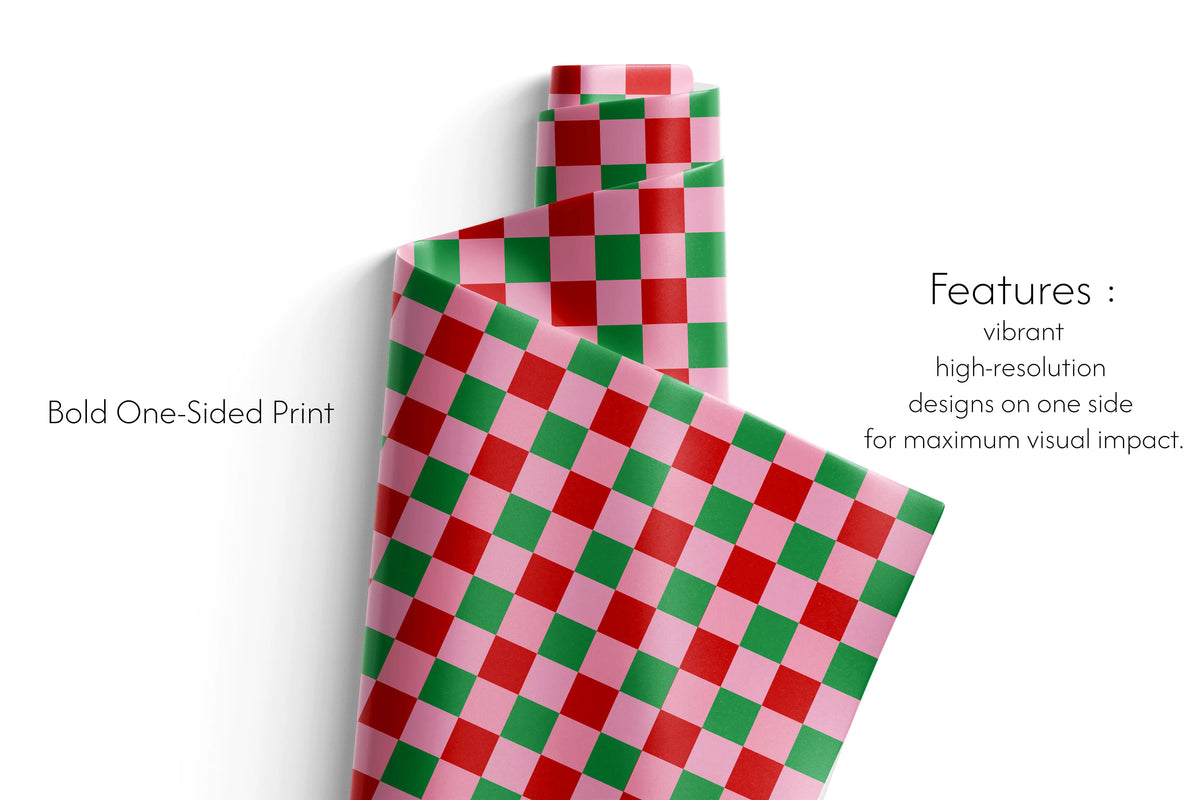 Haus of Wrap Candy Check: chic blush pink  forest green checkerboard wrapping paper for birthday, wedding, or holiday gifting.