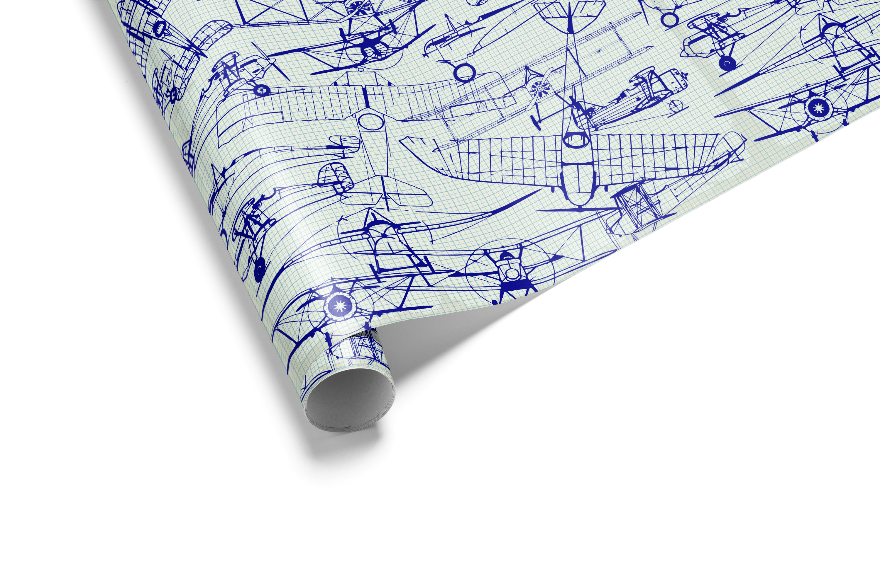 Vintage blueprint wrapping paper with technical drawings of airplanes and flight charts in blue on a light background.