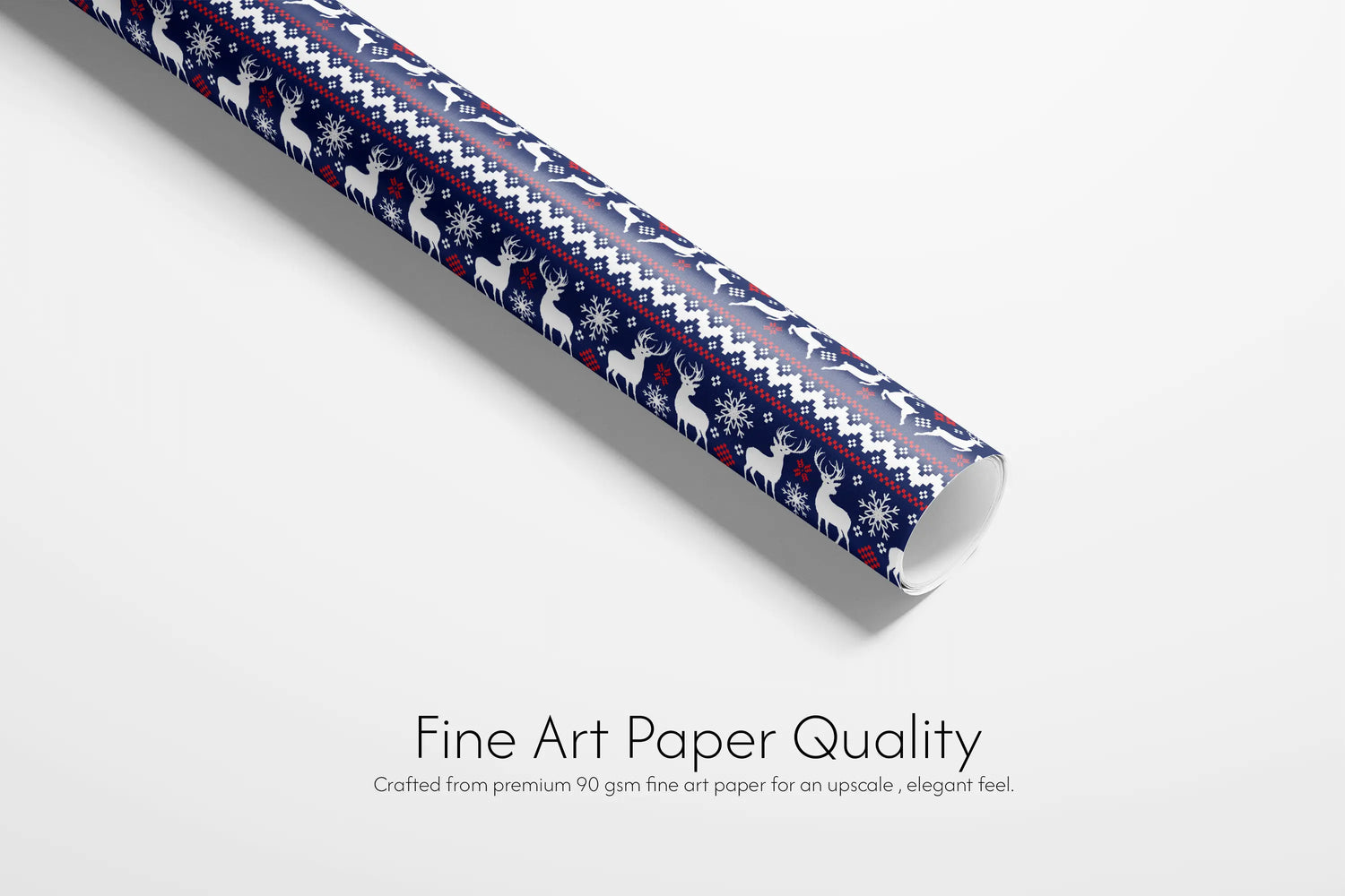 Haus of Wrap Nordic Stag gift wrap boasts blue and white reindeer, snowflakes—perfect for stylish holiday, birthday, or wedding gifts.