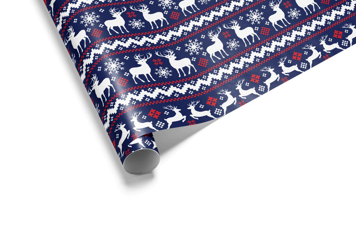 Haus of Wrap Nordic Stag gift wrap with blue, white, and red reindeer  snowflakes—perfect for holiday or winter birthdays.