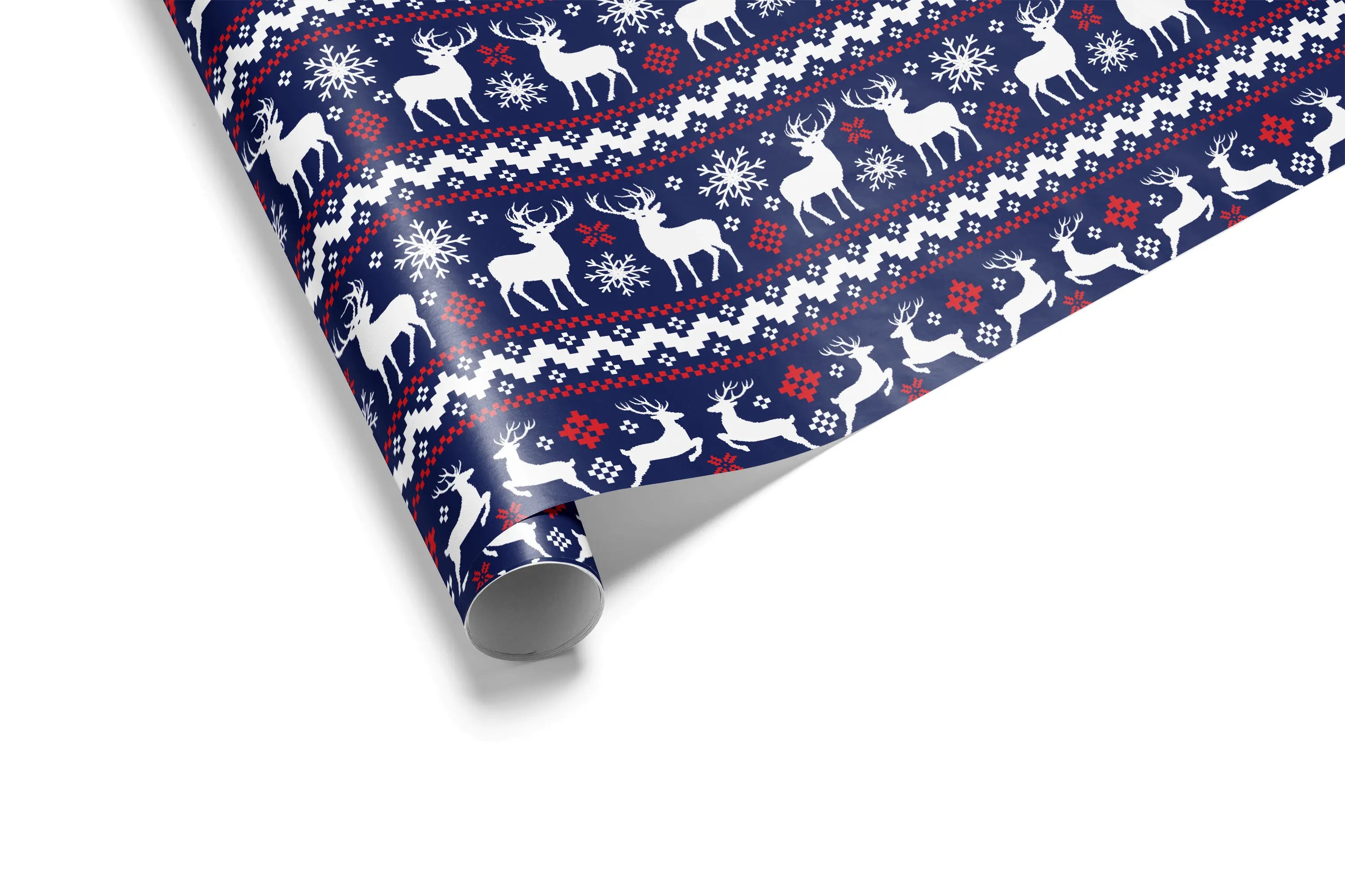 Haus of Wrap Nordic Stag gift wrap with blue, white, and red reindeer  snowflakes—perfect for holiday or winter birthdays.