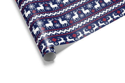 Haus of Wrap Nordic Stag gift wrap with blue, white, and red reindeer  snowflakes—perfect for holiday or winter birthdays.