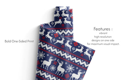 Haus of Wrap Nordic Stag gift wrap: navy blue, white reindeer  snowflakes—festive for holiday, wedding, or birthday gifts.