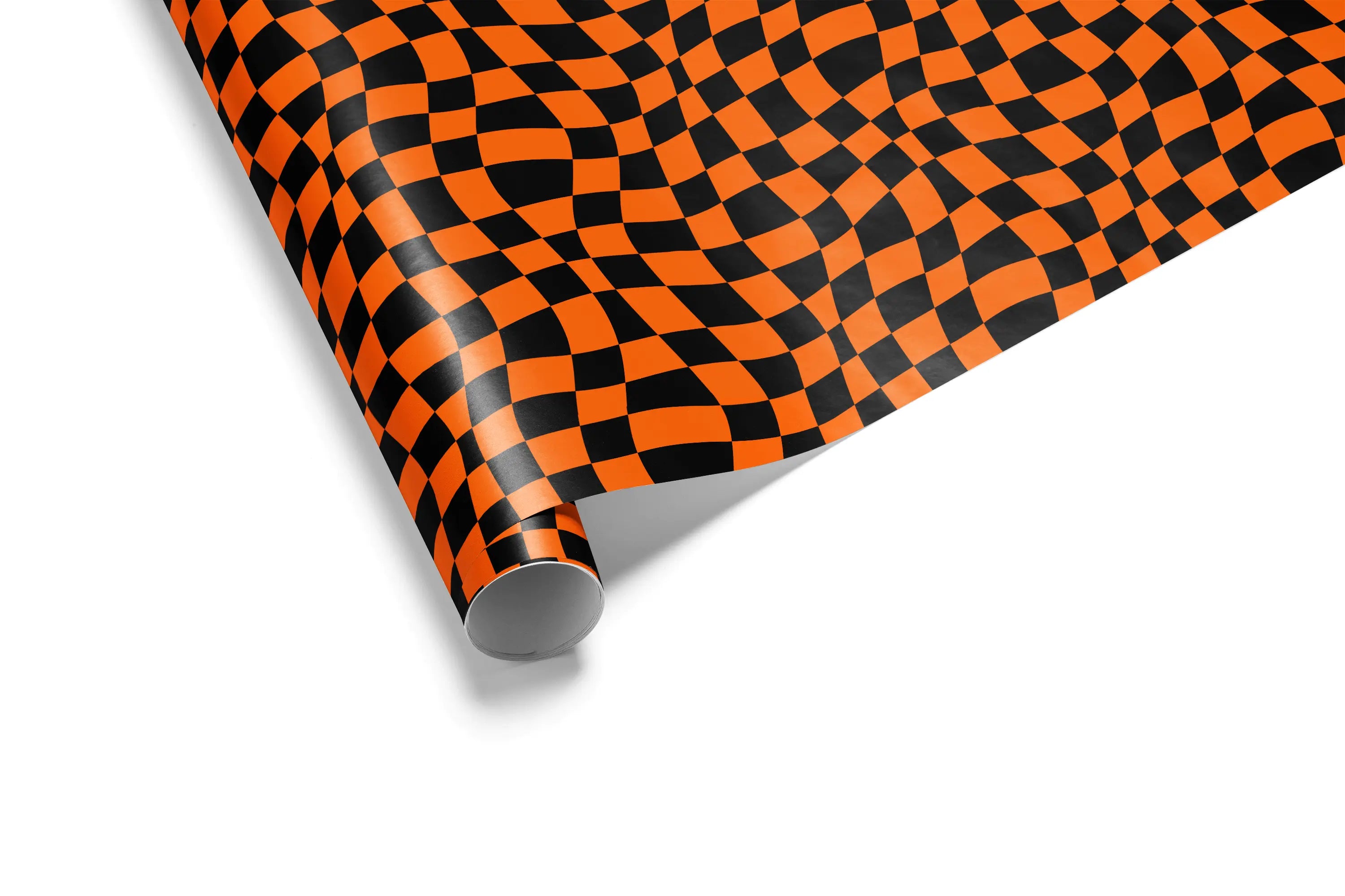 Alt Tag: Ember Illusion Halloween Wrapping Paper roll with orange and black fine checkerboard geometric pattern