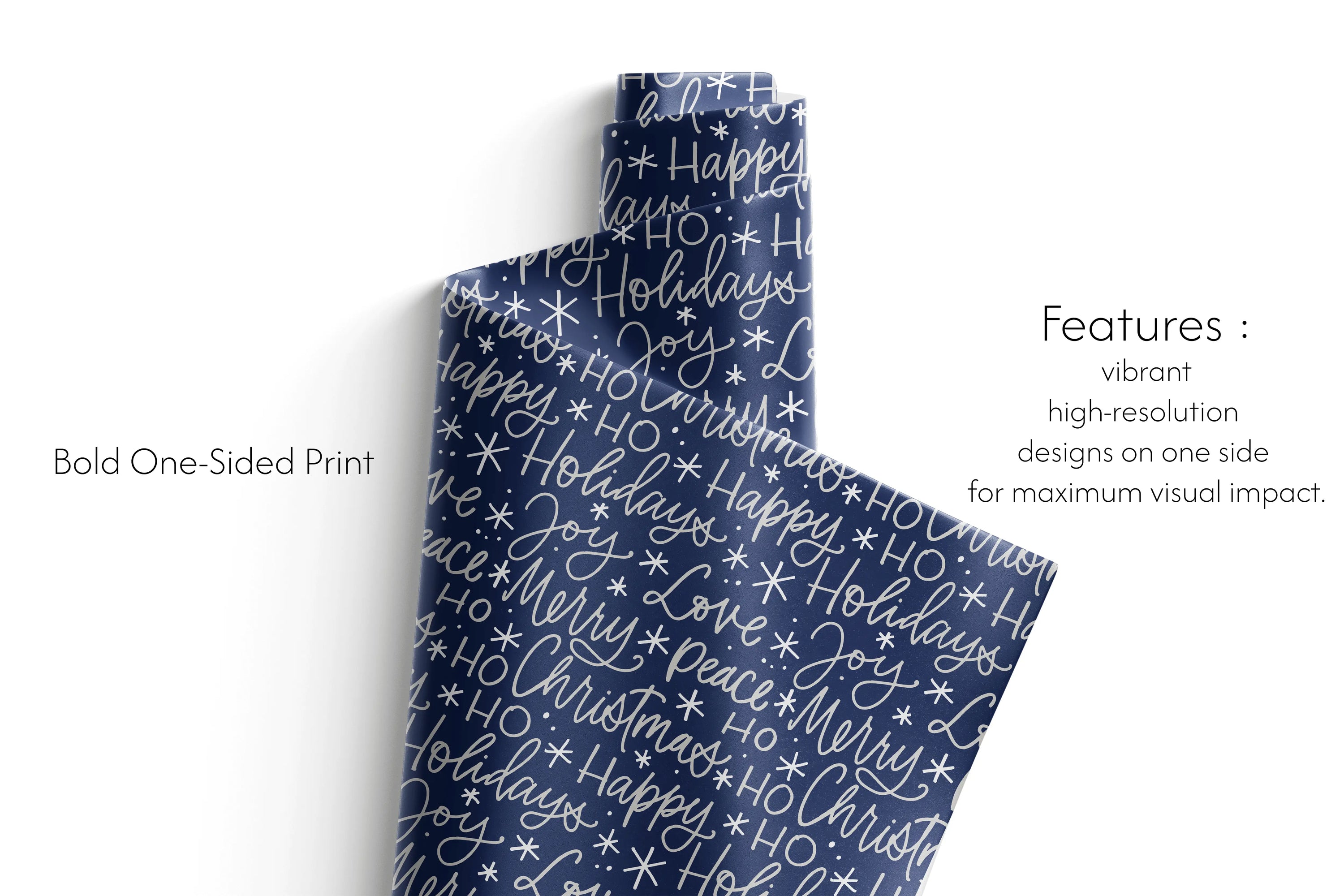 Haus of Wrap Midnight Wishes navy gift wrap with elegant white script, perfect for holiday, birthday, or wedding wrapping paper.