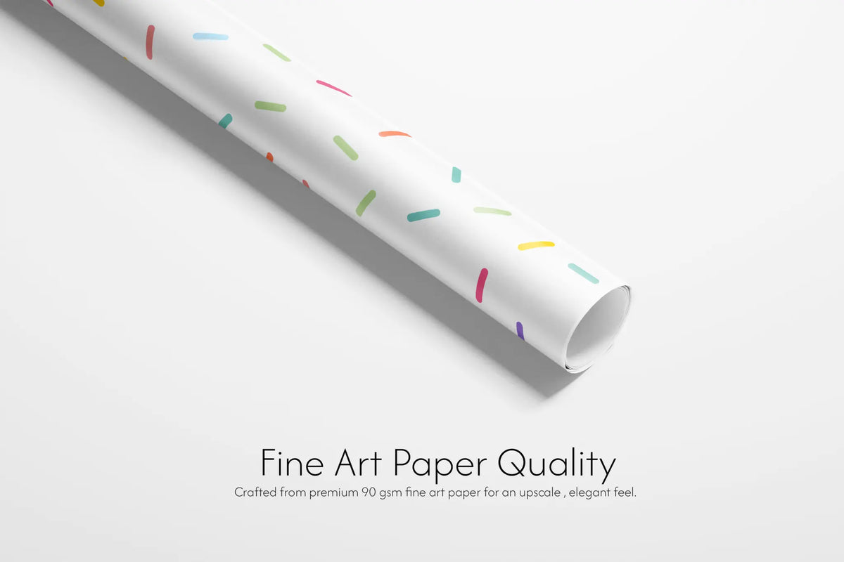 Alt Tag: Birthday Gift Wrap Confetti Sprinkle wrapping paper roll with pastel rainbow sprinkles on white, fine art paper quality