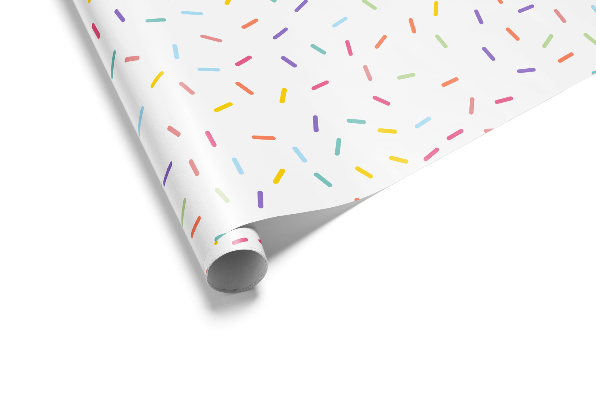 White wrapping paper with a dense, scattered pattern of colorful rainbow sprinkles (short dashes) in pastel shades, ideal for birthday and party gifts.