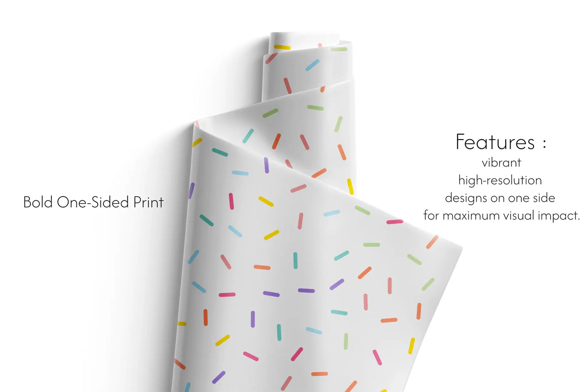 Birthday Gift Wrap confetti sprinkle wrapping paper roll with pastel rainbow sprinkles on white, one-sided vibrant high-resolution print