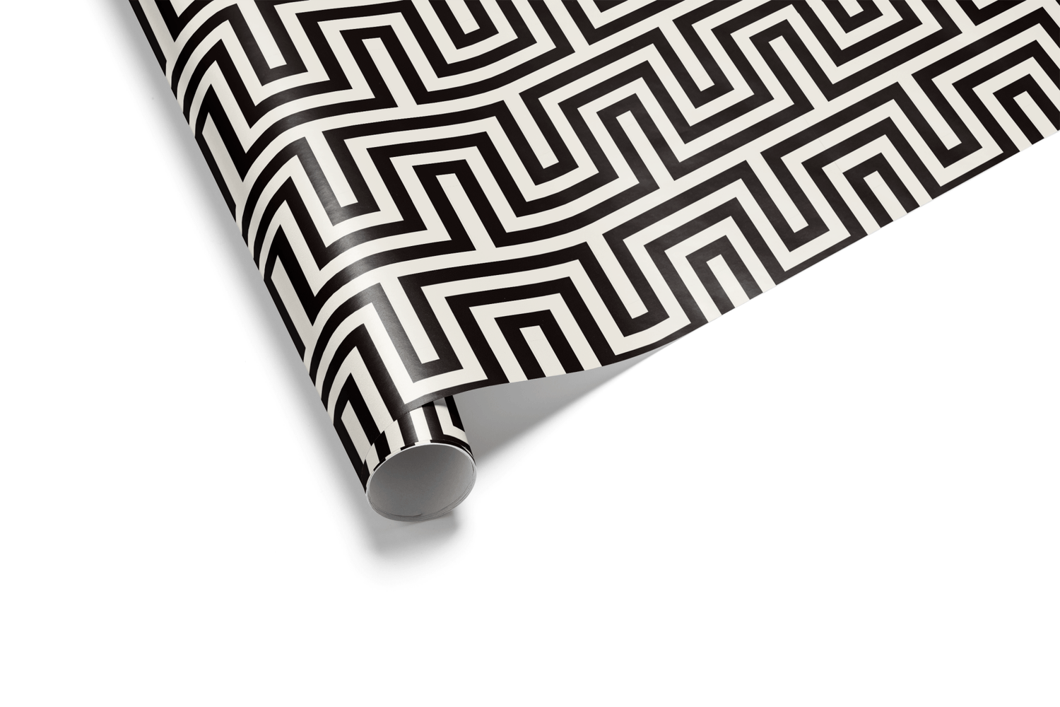 Black and white geometric wrapping paper with a continuous, high-contrast Greek Key or meander pattern, ideal for luxury and mens wrapping paper.