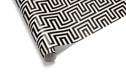 Black and white geometric wrapping paper with a continuous, high-contrast Greek Key or meander pattern, ideal for luxury and mens wrapping paper.