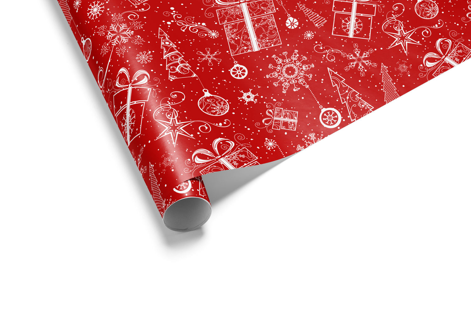 Vibrant red Christmas wrapping paper with a dense white pattern of gift boxes, Christmas trees, and snowflakes, giving a festive, classic look.