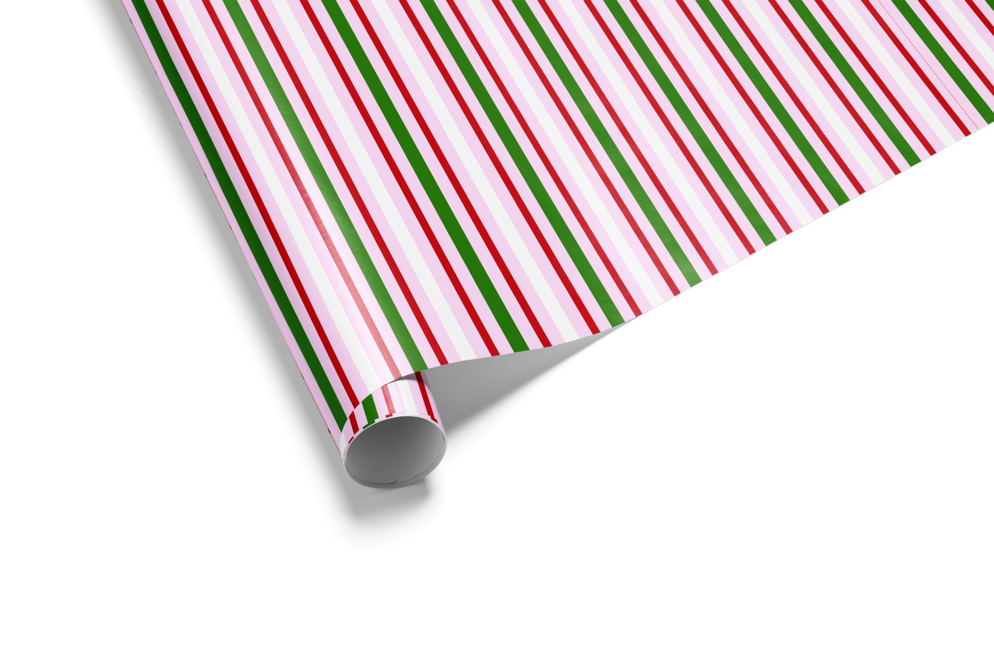 Vertical striped wrapping paper featuring bold, uniform stripes of red, green, and pink, alternating with white, ideal for modern Christmas wrapping paper.