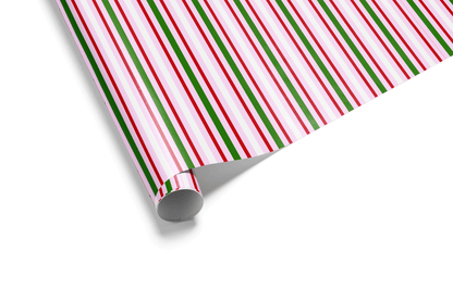 Vertical striped wrapping paper featuring bold, uniform stripes of red, green, and pink, alternating with white, ideal for modern Christmas wrapping paper.