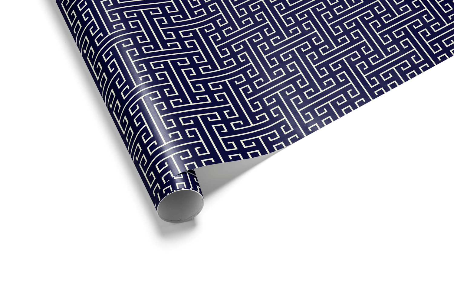 Dense navy blue wrapping paper with a repeating white Greek Key or Meander geometric pattern, creating an intricate maze design, ideal for luxury gift wrap.