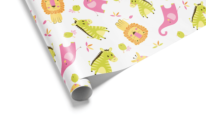 White wrapping paper with a scattered pattern of cartoon safari animals and pink dinosaurs in soft pastel colors, ideal for animal birthday wrapping paper.