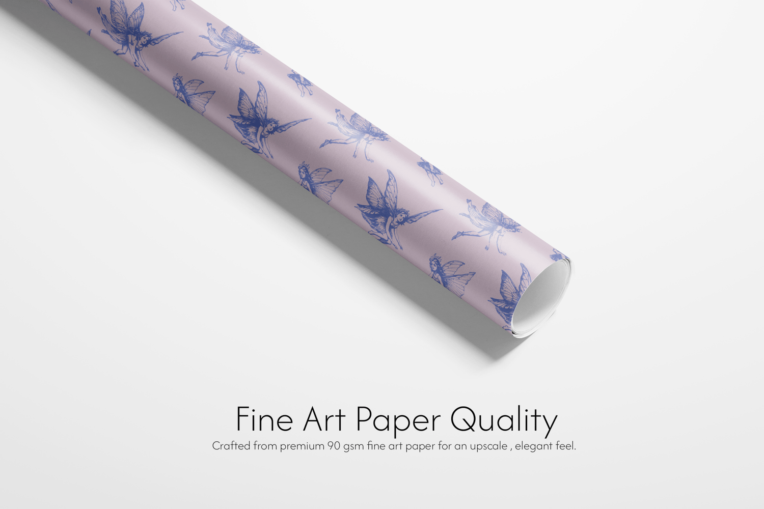 Solid mauve pink wrapping paper with a dense, repeating pattern of small, intricately drawn blue/purple fairies or pixie figures, ideal for fairy wrapping paper.
