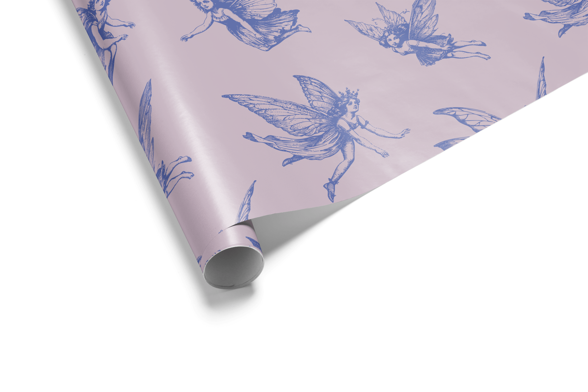 Solid mauve pink wrapping paper with a dense, repeating pattern of small, intricately drawn blue/purple fairies or pixie figures, ideal for fairy wrapping paper.