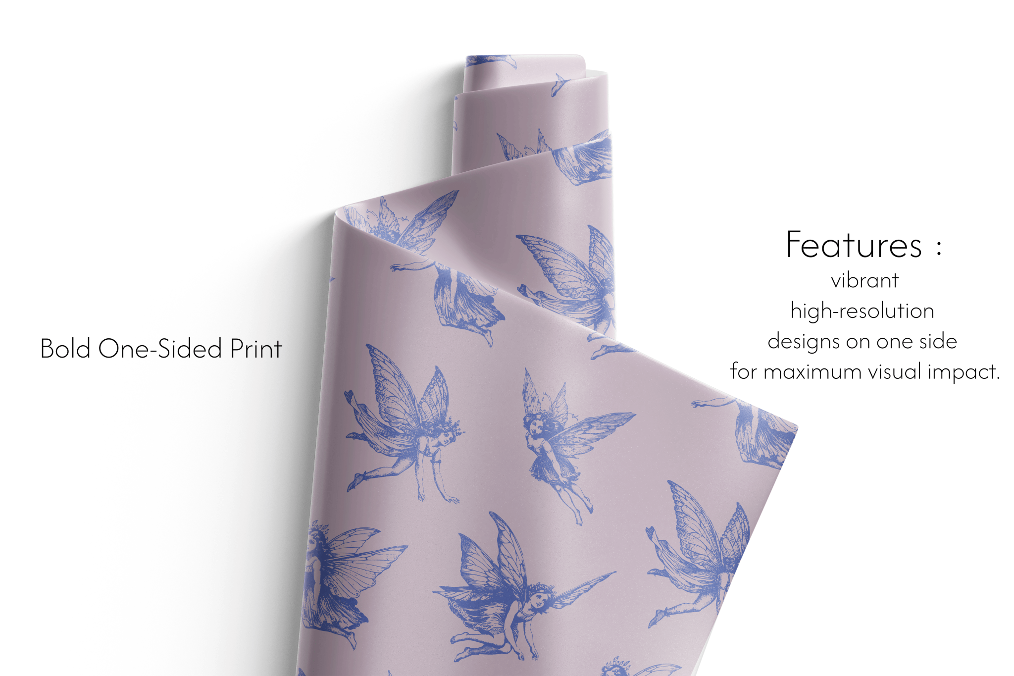 Roll of paper with blue fairy designs on a white background