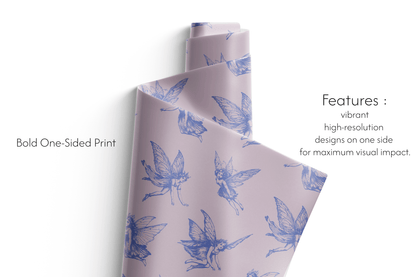 Roll of paper with blue fairy designs on a white background