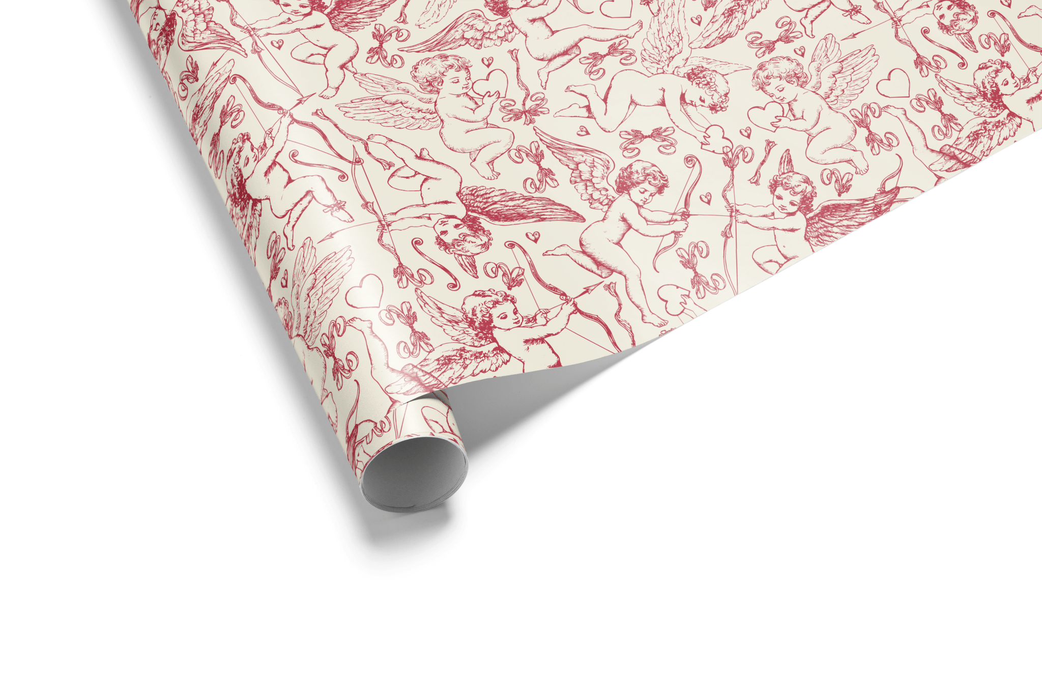  Creamy beige wrapping paper with a dense, repeating pattern of red hand-drawn cupids, hearts, bows, and arrows, ideal for Valentine&