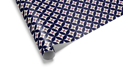 Dense navy blue wrapping paper with an intricate geometric micro-pattern of tiny white interlocking stars and circles, ideal for luxury gift wrap and geometric wrapping paper.