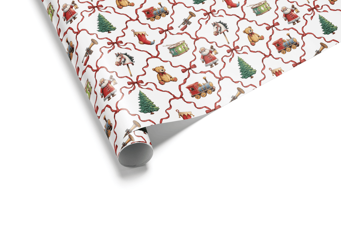 Christmas wrapping paper with a red ribbon lattice pattern framing illustrated antique toys like teddy bears and trains, ideal for vintage Christmas wrapping paper.