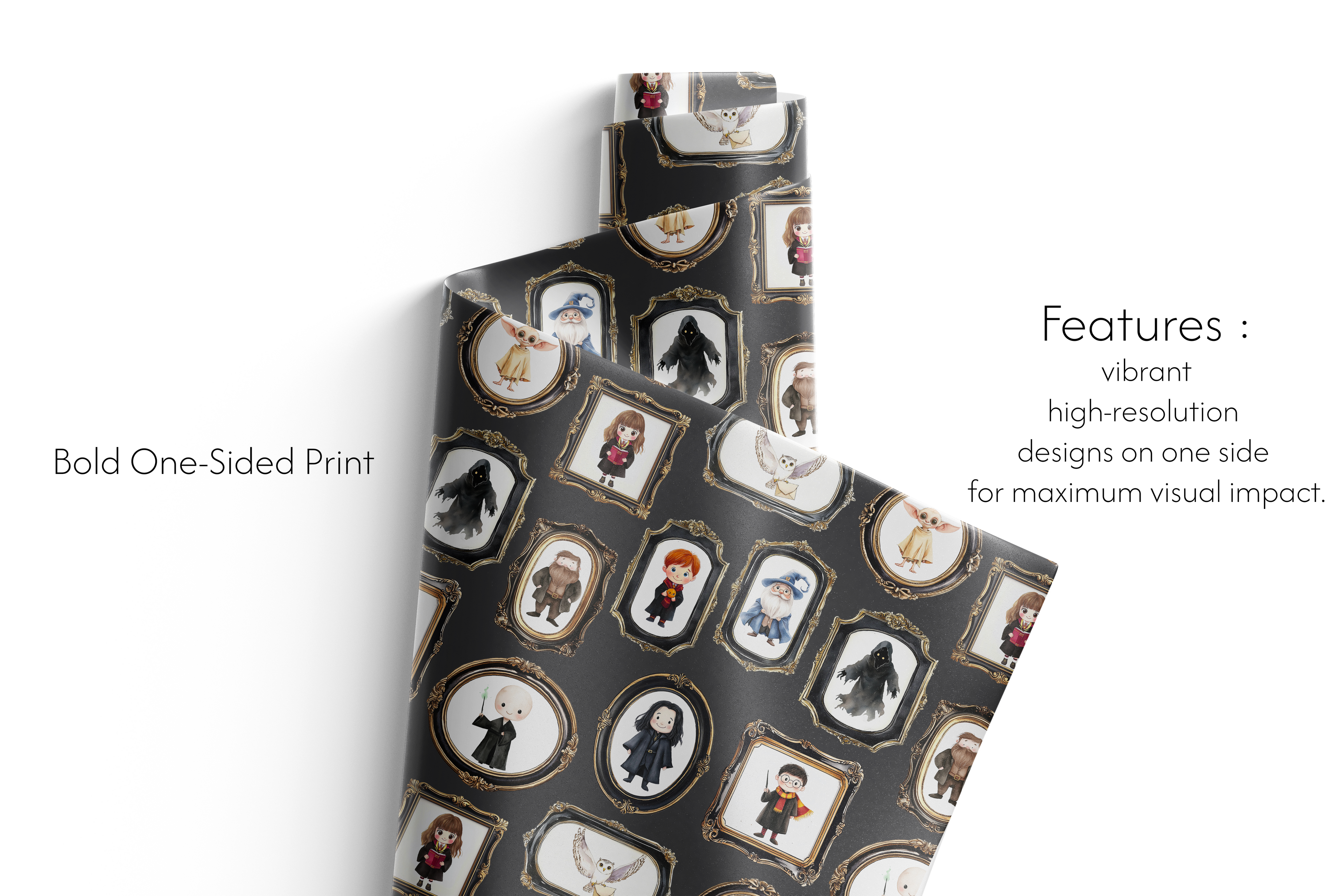 Dark, gothic Harry Potter wrapping paper with stylized character portraits set in ornate gold and black baroque frames.