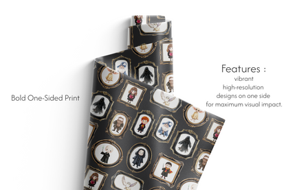 Dark, gothic Harry Potter wrapping paper with stylized character portraits set in ornate gold and black baroque frames.
