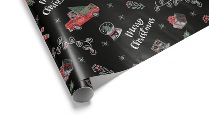  Solid black Christmas wrapping paper with a chalk-style pattern of a vintage red truck carrying a Christmas tree, snow globes, and poinsettias.
