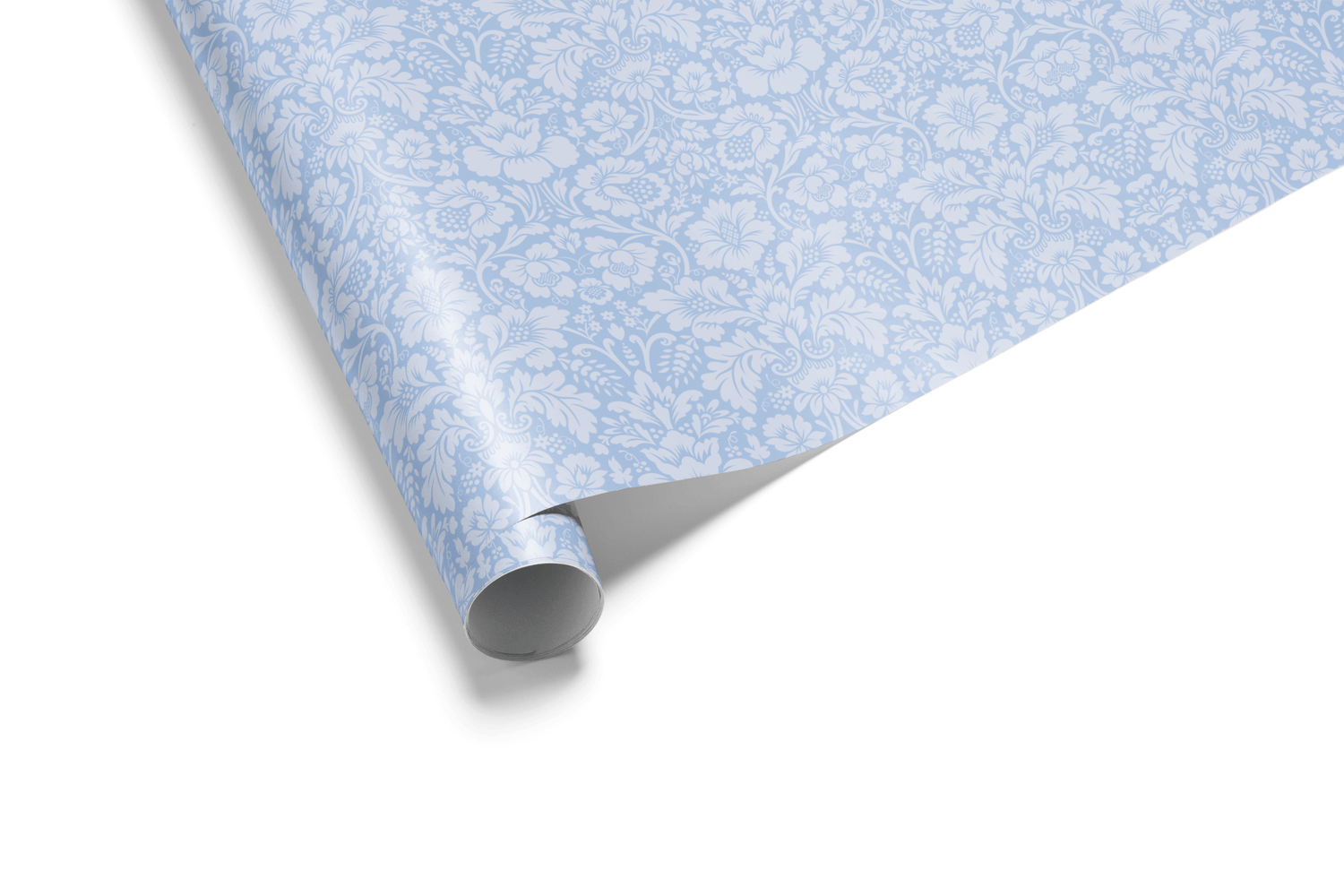 Light blue wrapping paper with a dense, repeating tone-on-tone Damask pattern of intricate floral and scroll motifs, ideal for wedding wrapping paper and elegant wrapping paper.