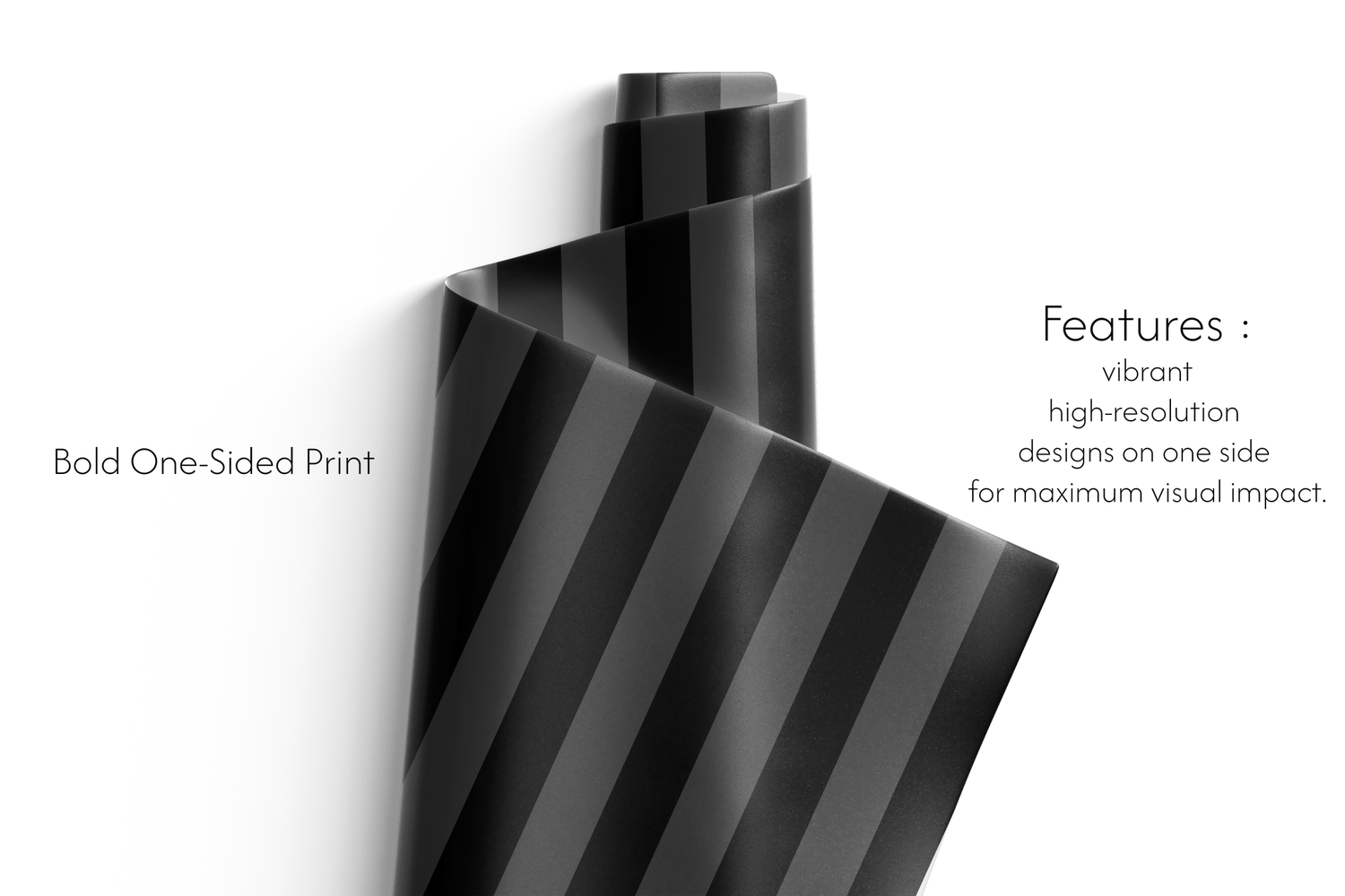 Vertical striped wrapping paper featuring thin, alternating lines of black and charcoal grey, creating a dense pinstripe effect, ideal for gothic wrapping paper and luxury gift wrap.