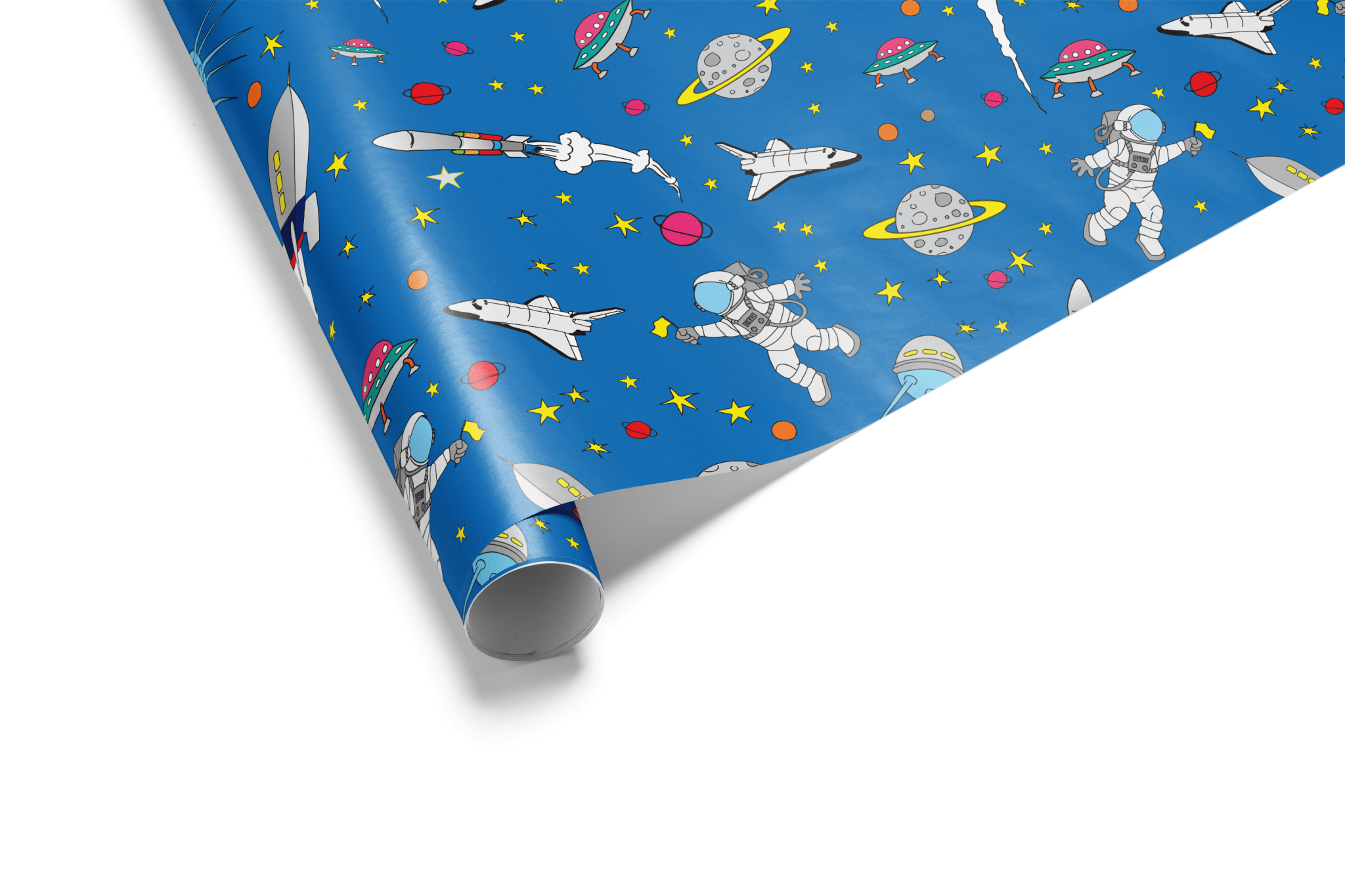 Vibrant blue wrapping paper with a dense, scattered pattern of white astronauts, rockets, UFOs, and colorful planets and stars, ideal for space wrapping paper.