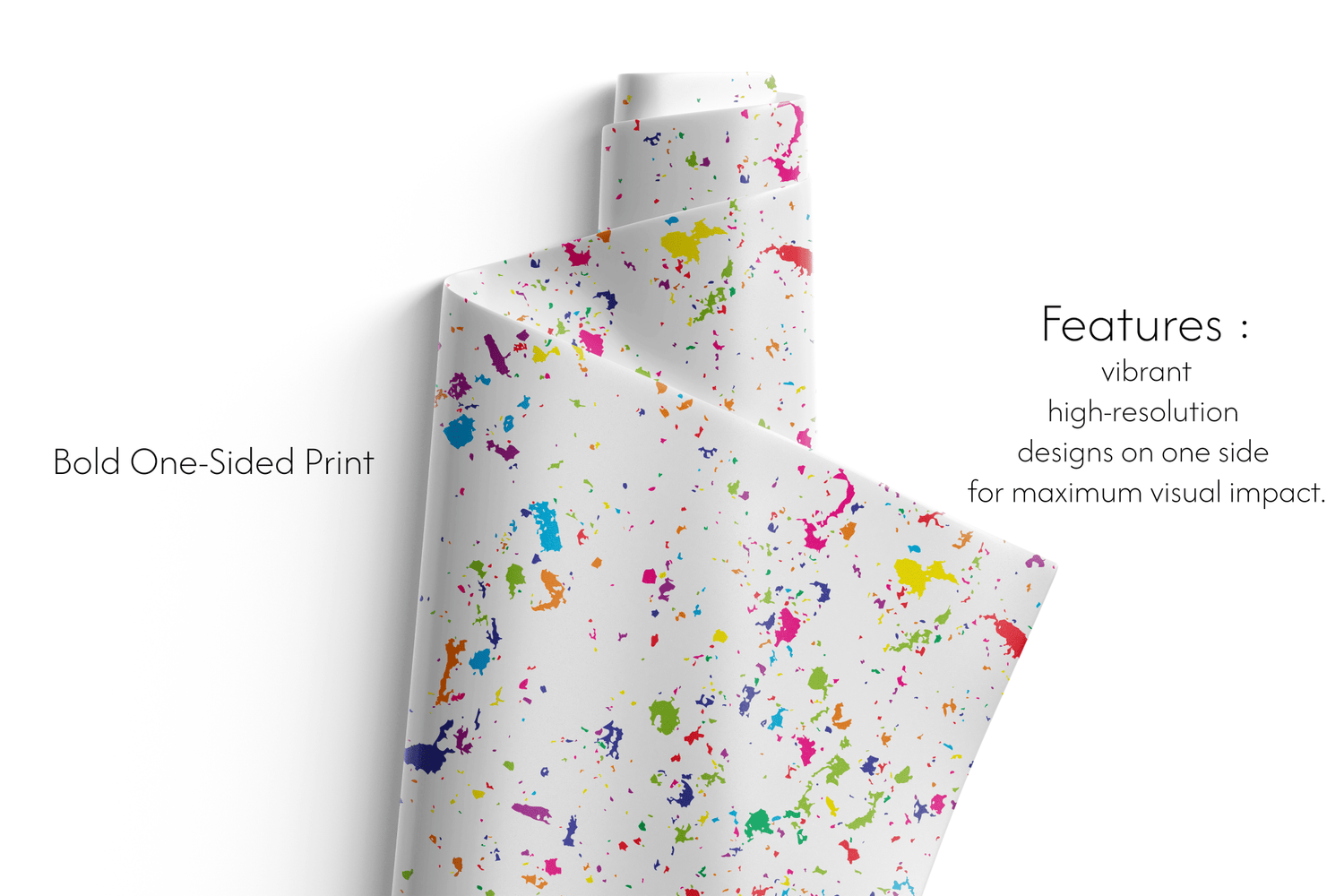 White paper with colorful splatter design on one side, on a white background.